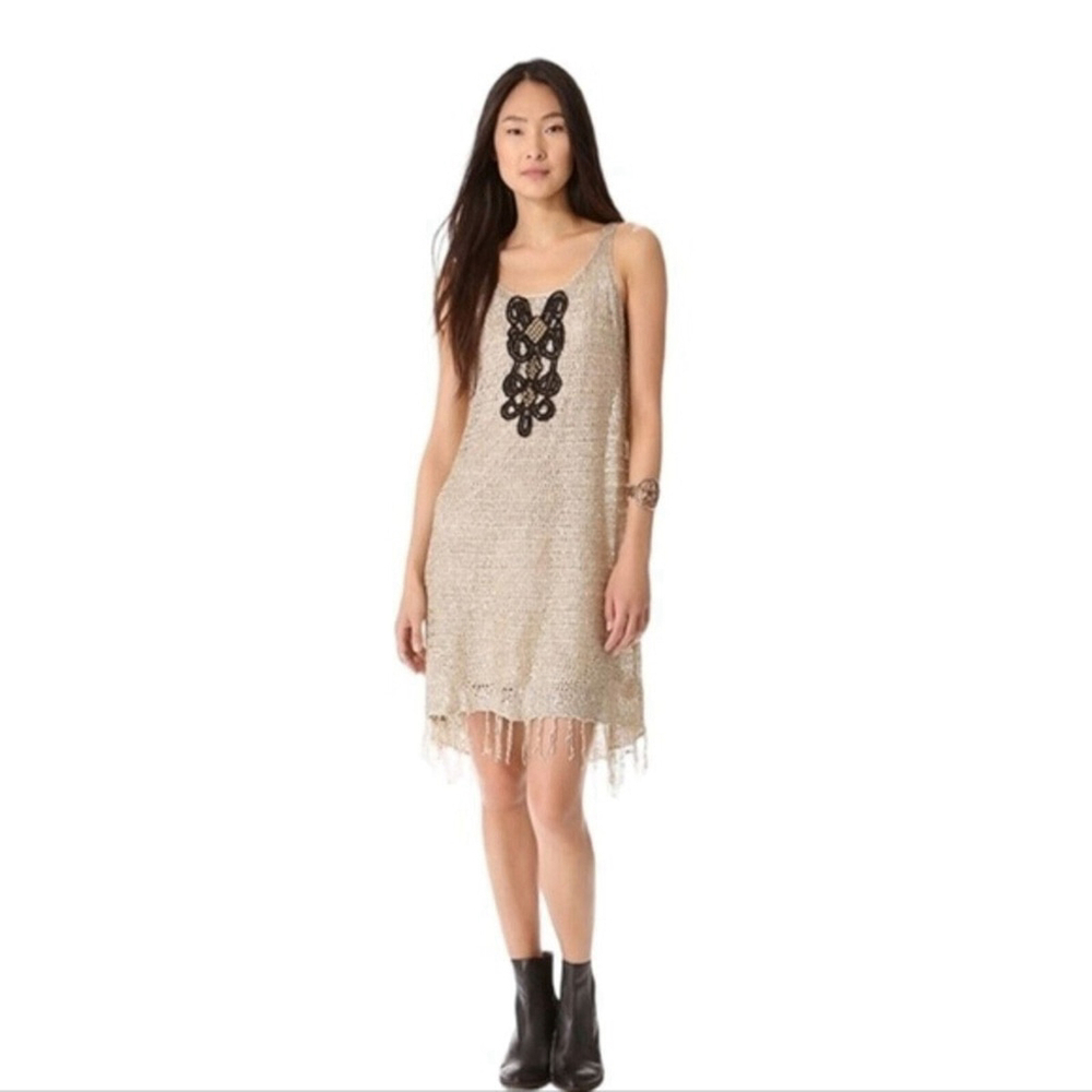 Free People Golden Sands Fringed Gold Crochet Dress Sequins Festival Rave Party